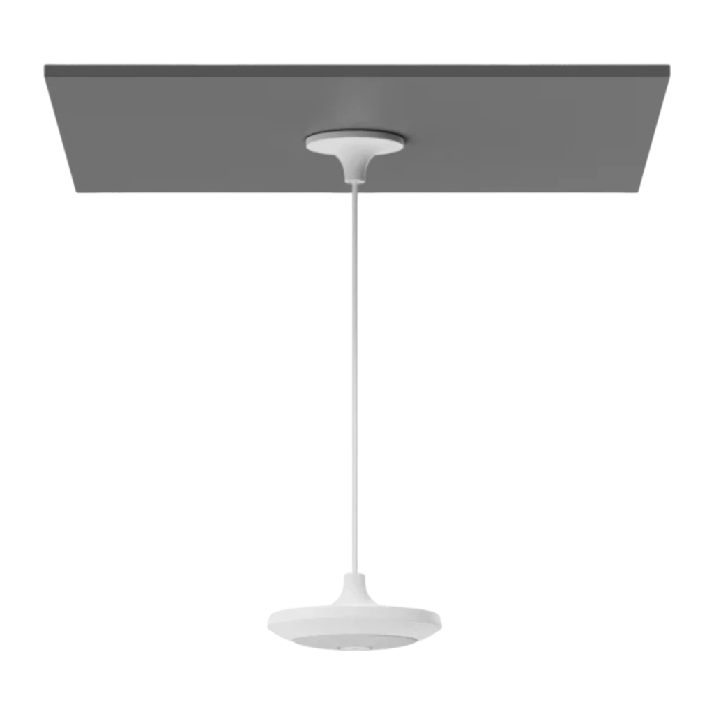 Logitech Support suspension plafond Rally Mic Pods blanc, vue inférieure: disque blanc avec grille textile et bouton - Ítem1