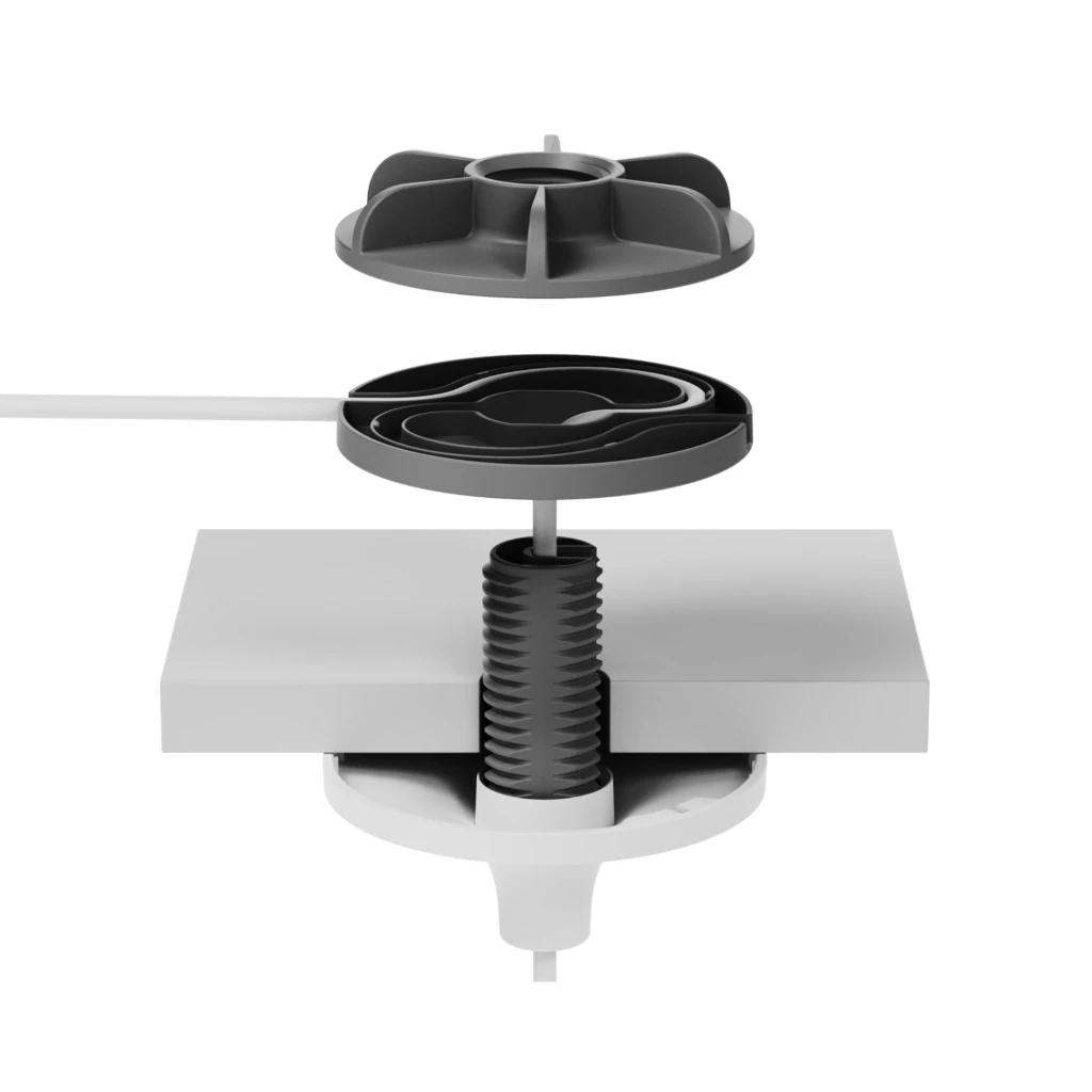 Logitech Support suspension plafond Rally Mic Pods blanc, vue inférieure: disque blanc avec grille textile et bouton - Ítem2