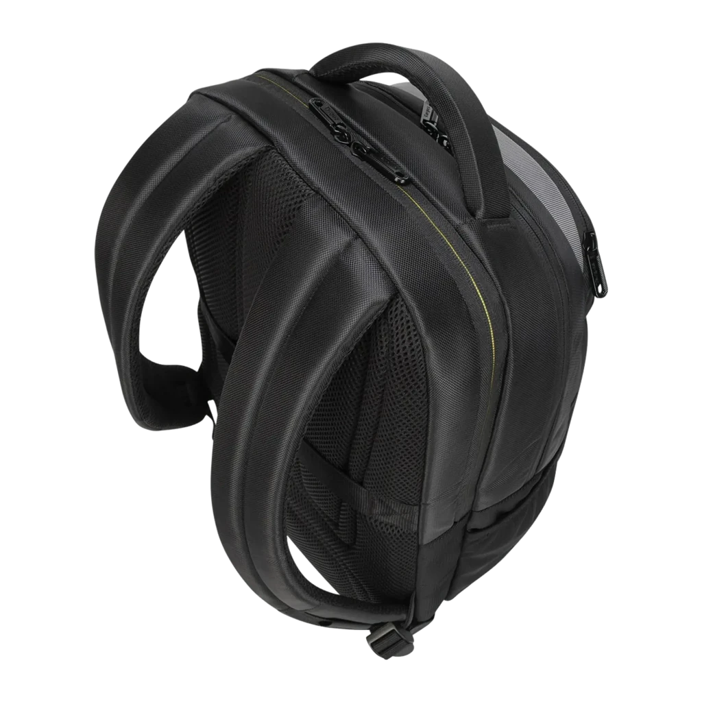 Targus Mochila CityGear TCG670GL 15-17.3 Preto, vista frontal: pega superior, bolsos com fecho e detalhes amarelos - Item6
