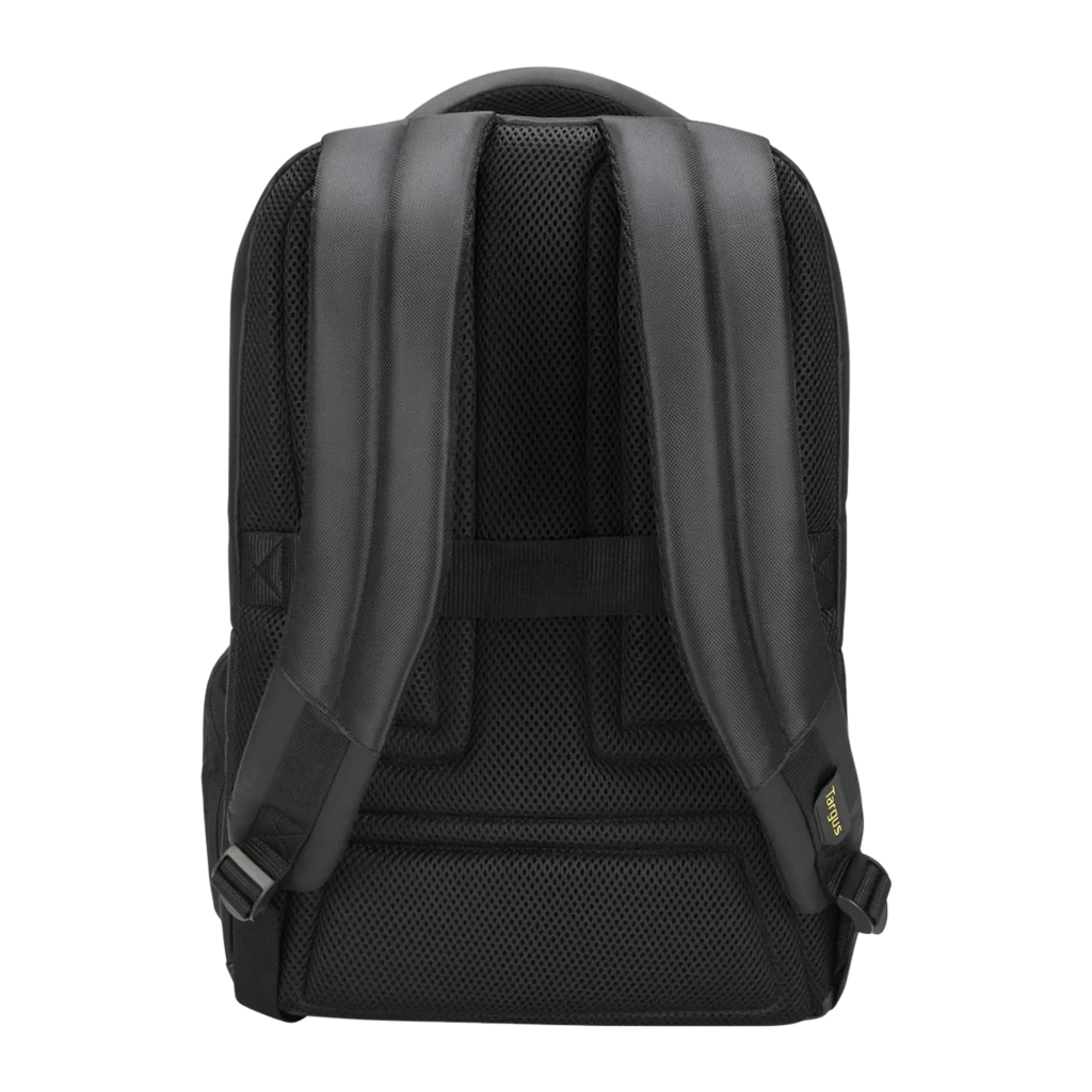 Targus Mochila CityGear TCG670GL 15-17.3 Preto, vista frontal: pega superior, bolsos com fecho e detalhes amarelos - Item5