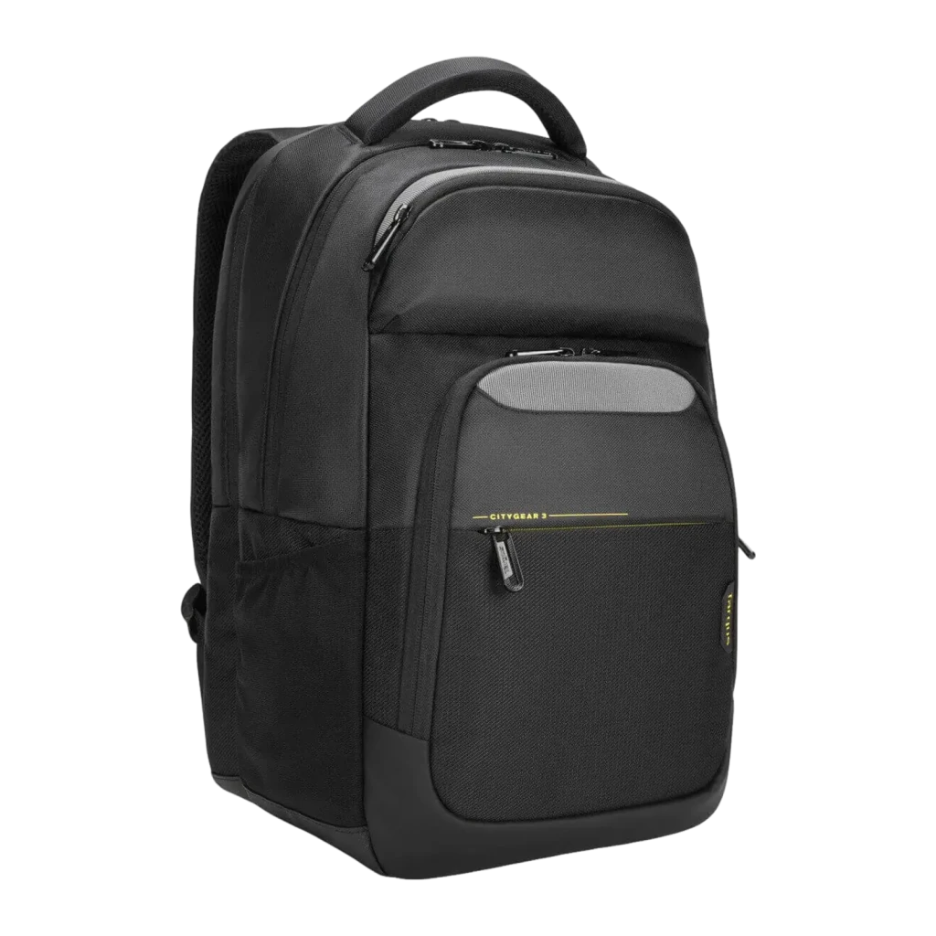 Targus Mochila CityGear TCG670GL 15-17.3 Preto, vista frontal: pega superior, bolsos com fecho e detalhes amarelos - Item1