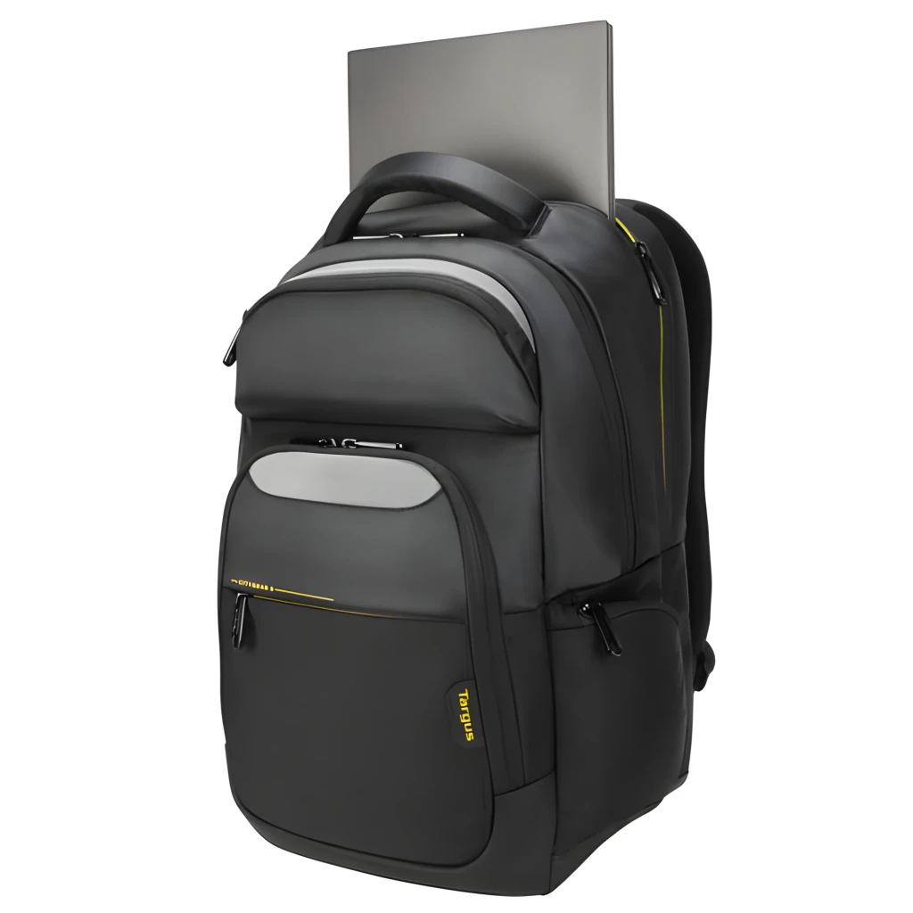 Targus Mochila CityGear TCG670GL 15-17.3 Preto, vista frontal: pega superior, bolsos com fecho e detalhes amarelos - Item2