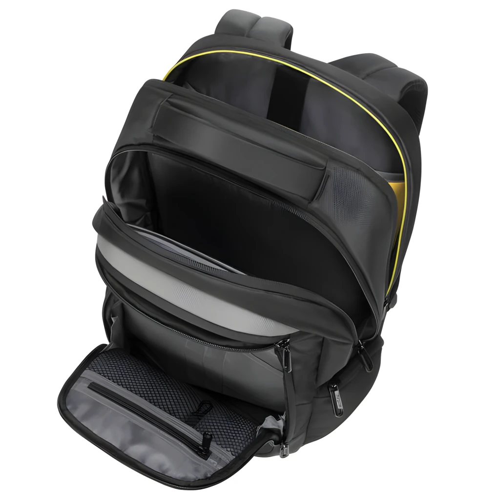 Targus Mochila CityGear TCG670GL 15-17.3 Preto, vista frontal: pega superior, bolsos com fecho e detalhes amarelos - Item7