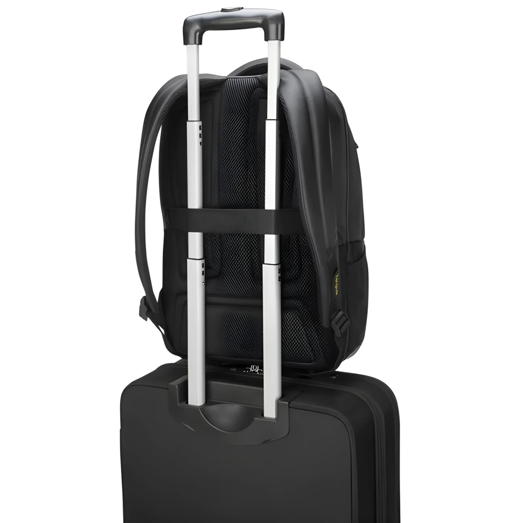 Targus Mochila CityGear TCG670GL 15-17.3 Preto, vista frontal: pega superior, bolsos com fecho e detalhes amarelos - Item8