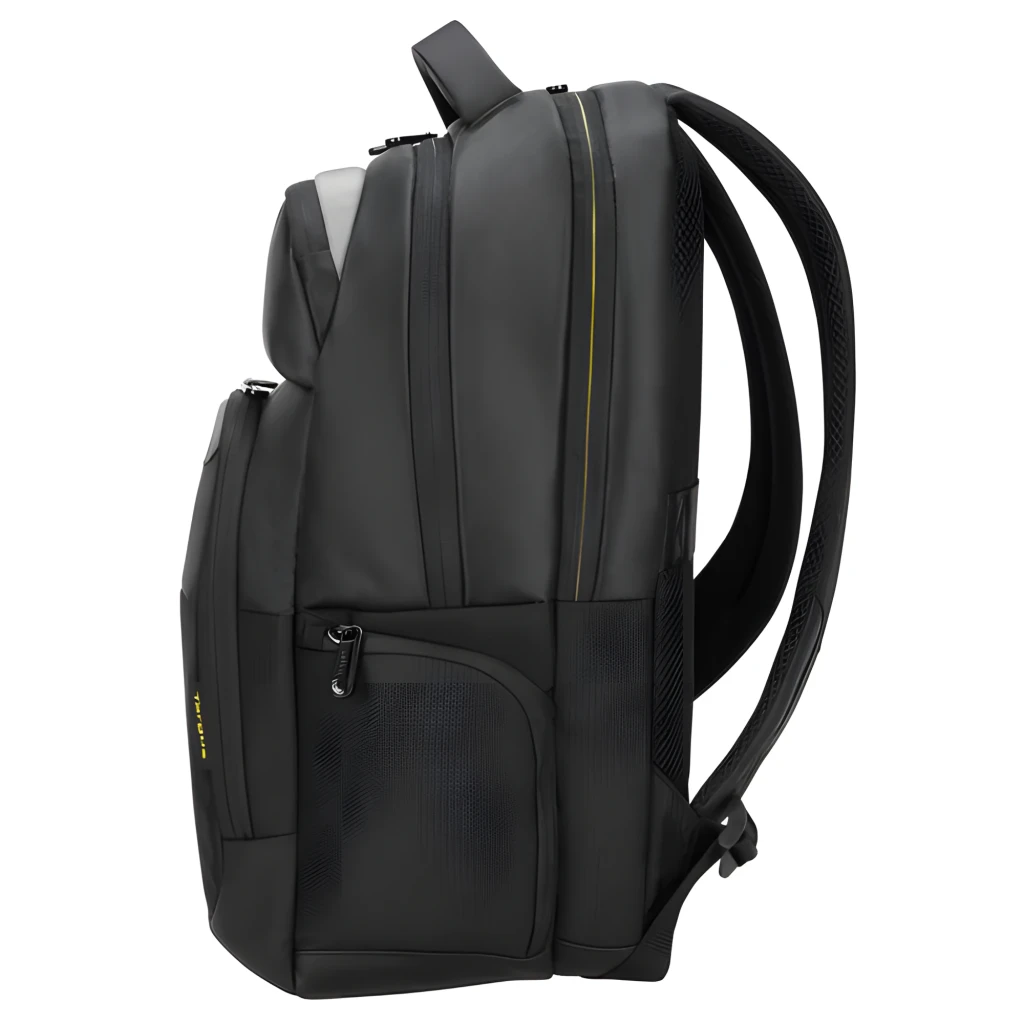 Targus Mochila CityGear TCG670GL 15-17.3 Preto, vista frontal: pega superior, bolsos com fecho e detalhes amarelos - Item3