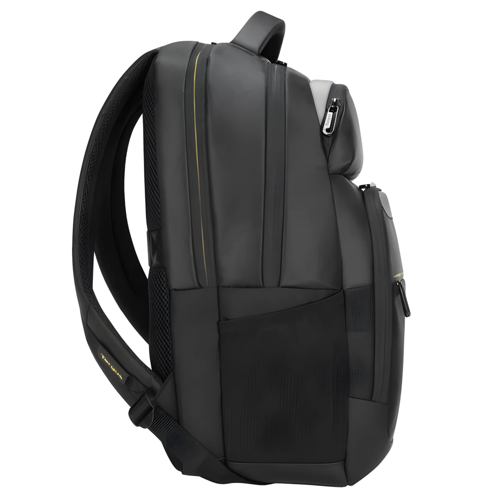 Targus Mochila CityGear TCG670GL 15-17.3 Preto, vista frontal: pega superior, bolsos com fecho e detalhes amarelos - Item4