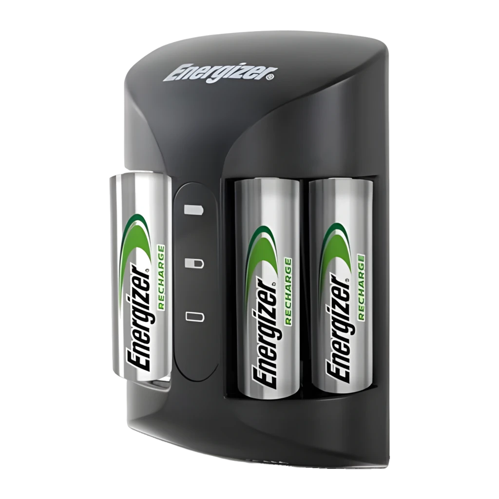 Energizer Pro Charger+ 2000mAh NiMH noir, vue de face: chargeur noir avec 4 piles AA et indicateur LED vert - Ítem1