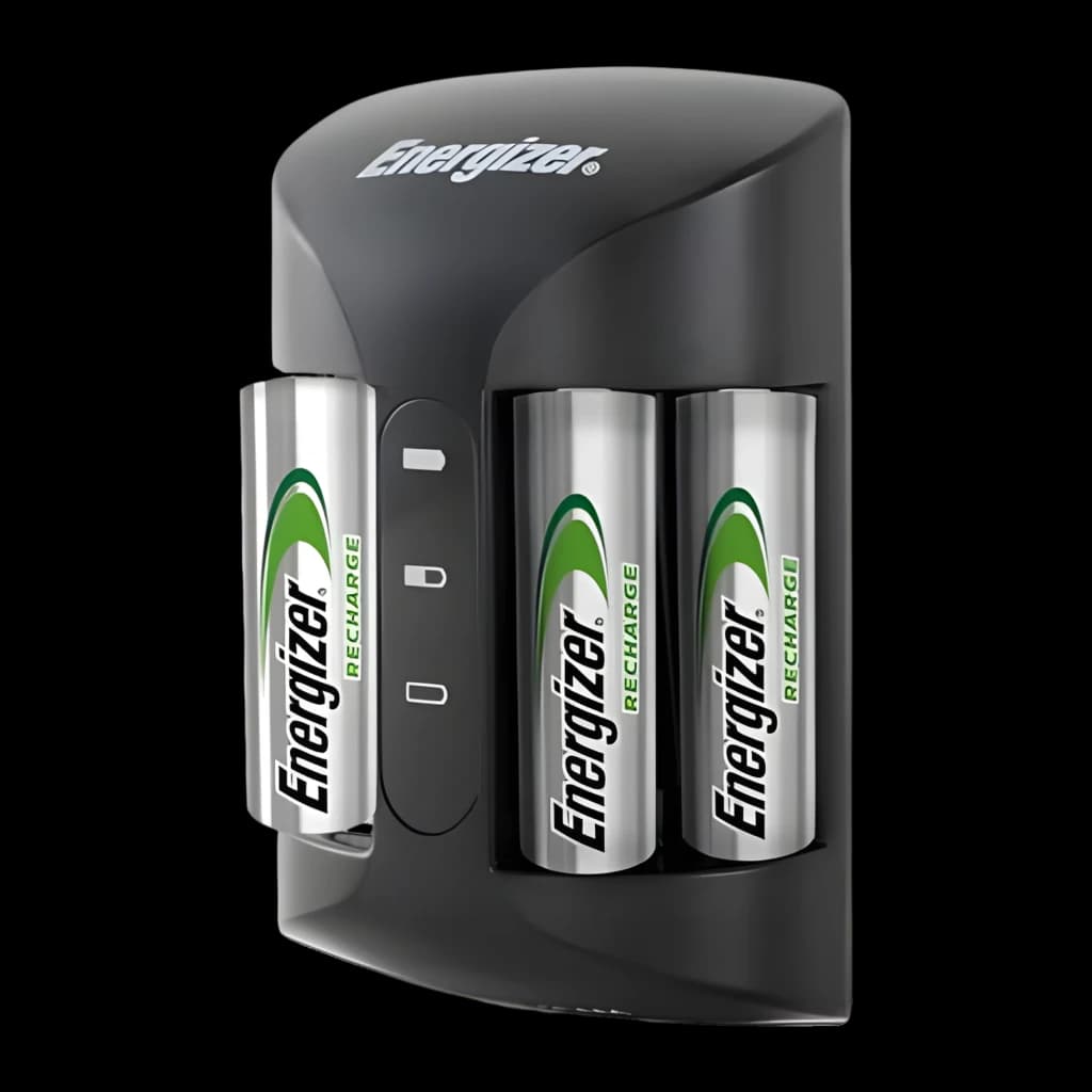 Energizer Pro Charger+ 2000mAh NiMH preto, vista lateral: carregador preto com 3 pilhas AA Recharge inseridas e LEDs de