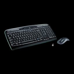 Logitech MK330 preto, vista em ângulo: teclado com teclas de atalho azuis, rato e receptor USB