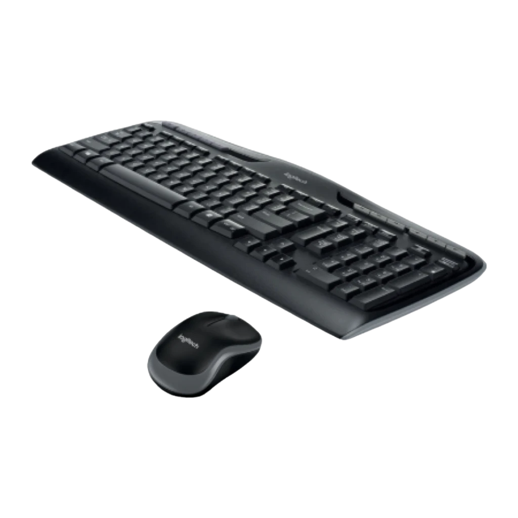 Logitech MK330 noir, vue en angle: clavier avec touches de raccourci bleues, souris et récepteur USB - Ítem2