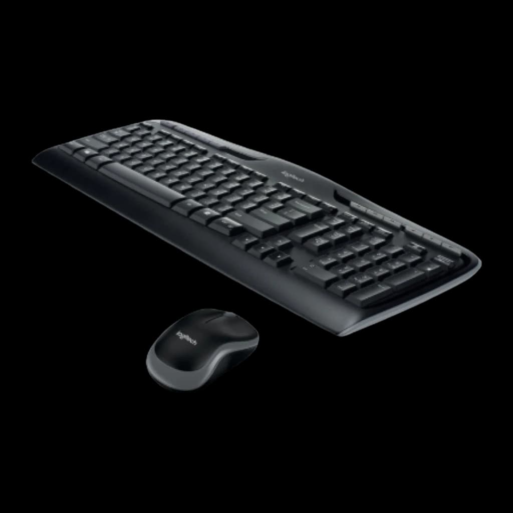 Logitech MK330 preto, vista lateral elevada: perfil do teclado ergonómico e rato em primeiro plano