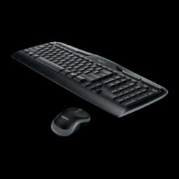Logitech MK330 preto, vista lateral elevada: perfil do teclado ergonómico e rato em primeiro plano