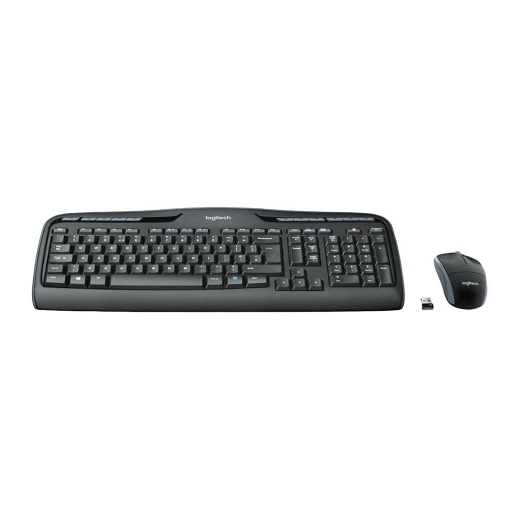 Logitech MK330 noir, vue en angle: clavier avec touches de raccourci bleues, souris et récepteur USB - Ítem1