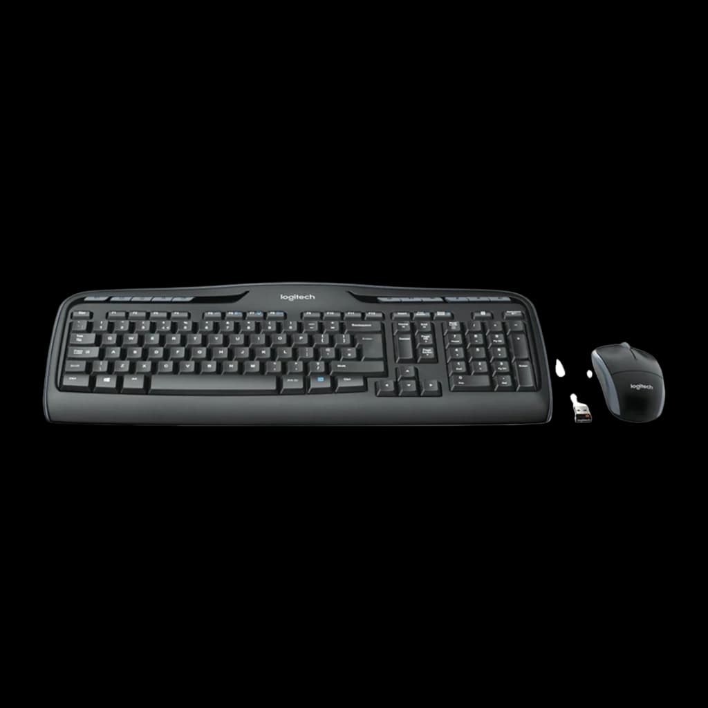 Logitech MK330 preto, vista frontal: teclado e rato sem fios com receptor USB nano visíveis
