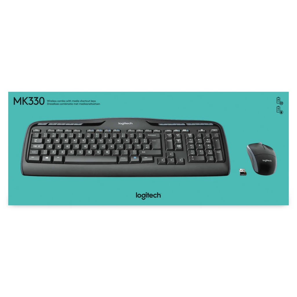 Logitech MK330 noir, vue en angle: clavier avec touches de raccourci bleues, souris et récepteur USB - Ítem3