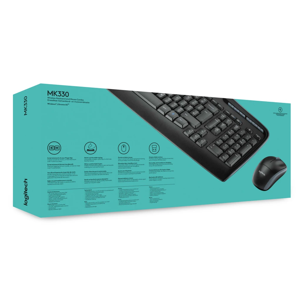 Logitech MK330 noir, vue en angle: clavier avec touches de raccourci bleues, souris et récepteur USB - Ítem4
