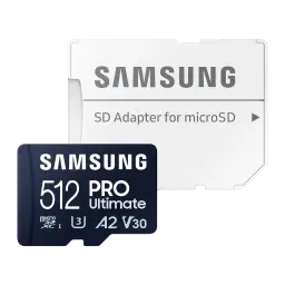 Samsung microSD PRO Ultimate 512GB azul, kit completo frontal: tarjeta azul en primer plano y adaptador SD blanco detrás