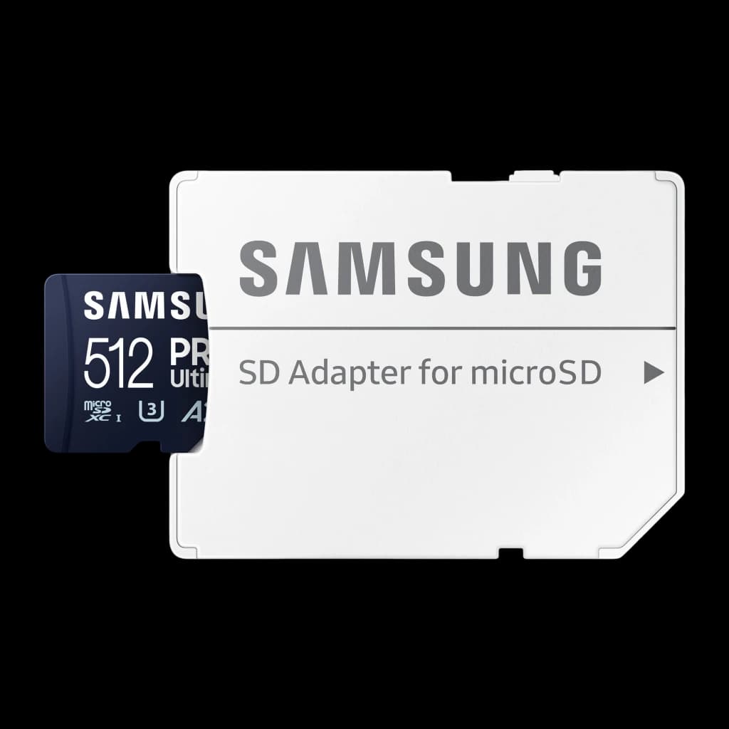 Samsung microSD PRO Ultimate 512GB azul, kit lateral izquierdo: tarjeta azul solapando el lado izquierdo del adaptador SD