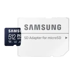Samsung microSD PRO Ultimate 512GB azul, kit lateral izquierdo: tarjeta azul solapando el lado izquierdo del adaptador SD