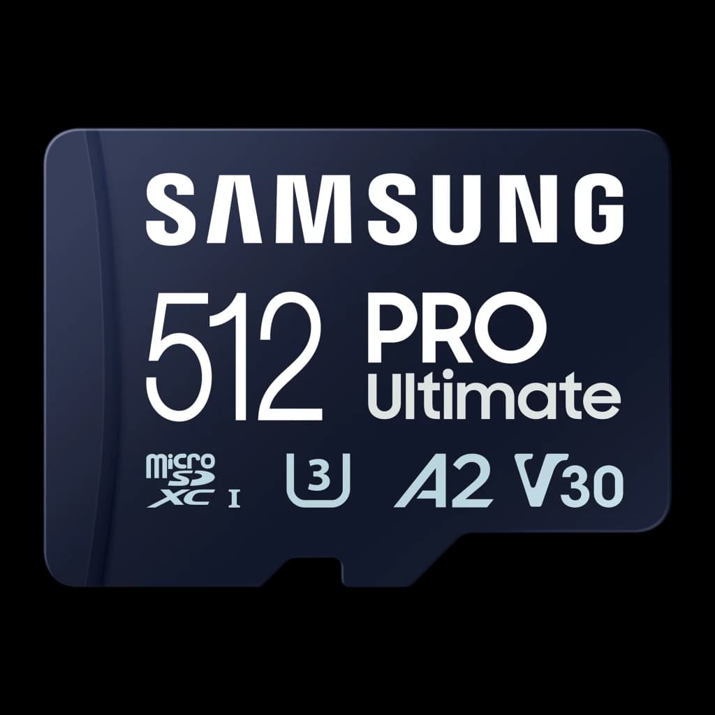 Samsung microSD PRO Ultimate 512GB azul, vista frontal: cara delantera con logo, capacidad y certificaciones U3 A2 V30
