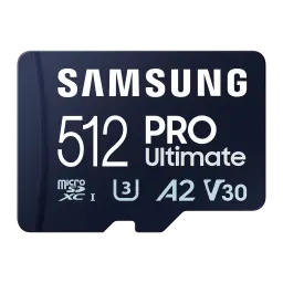 Samsung microSD PRO Ultimate 512GB azul, vista frontal: cara delantera con logo, capacidad y certificaciones U3 A2 V30
