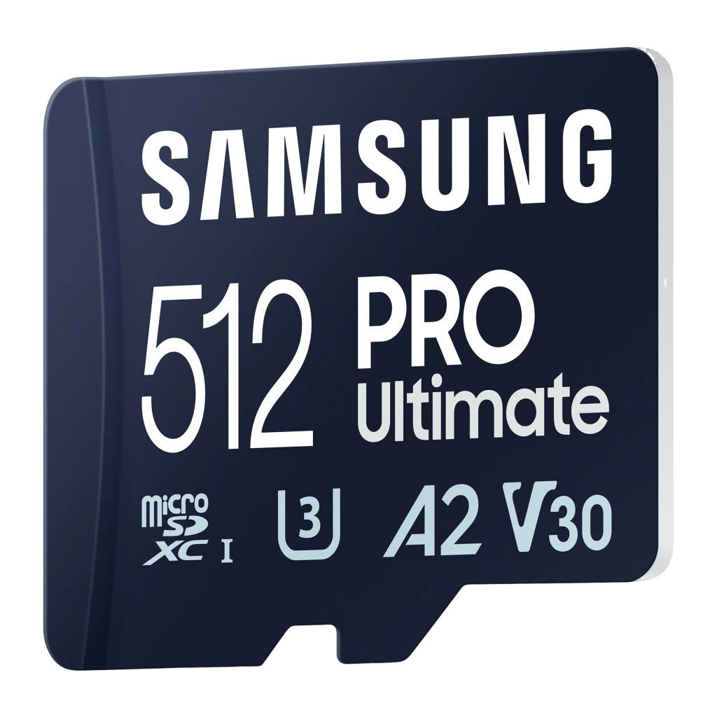 Samsung microSD PRO Ultimate 512GB azul, vista frontal: cara delantera con logo, capacidad y certificaciones U3 A2 V30 - Ítem1