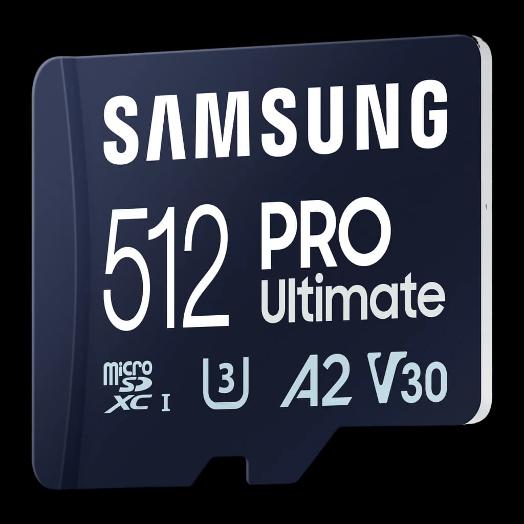 Samsung microSD PRO Ultimate 512GB azul, vista en ángulo izquierdo: cara frontal y canto lateral derecho visibles