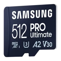Samsung microSD PRO Ultimate 512GB azul, vista en ángulo izquierdo: cara frontal y canto lateral derecho visibles