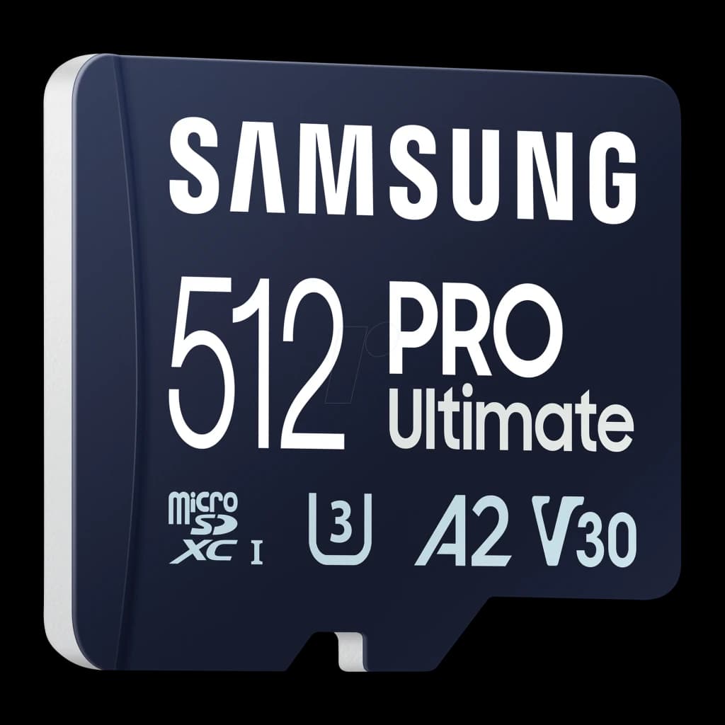 Samsung microSD PRO Ultimate 512GB azul, vista en ángulo derecho: cara frontal y canto lateral izquierdo con borde plateado