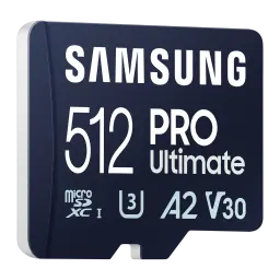 Samsung microSD PRO Ultimate 512GB azul, vista en ángulo derecho: cara frontal y canto lateral izquierdo con borde plateado
