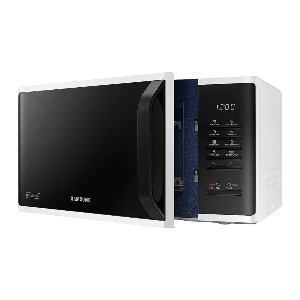 Samsung Micro-ondes MS23K3513AW 23L Blanc, vue de face: porte noire avec logo, panneau tactile et affichage LED bleu - Ítem2