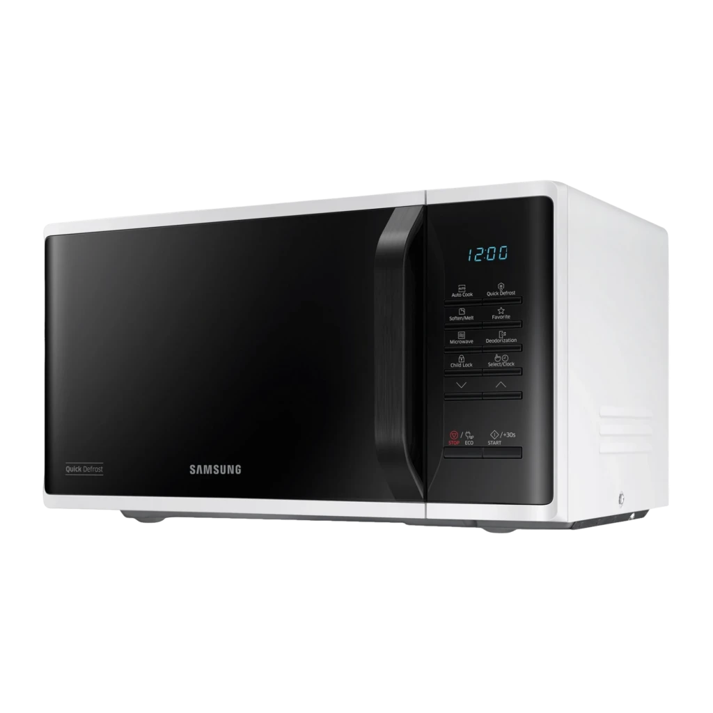 Samsung Micro-ondes MS23K3513AW 23L Blanc, vue de face: porte noire avec logo, panneau tactile et affichage LED bleu - Ítem1