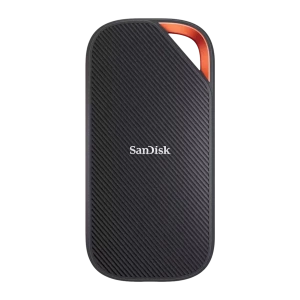 SanDisk SSD Extreme PRO 2TB noir avec orange, vue de face: texture diagonale nervurée et logo centré
