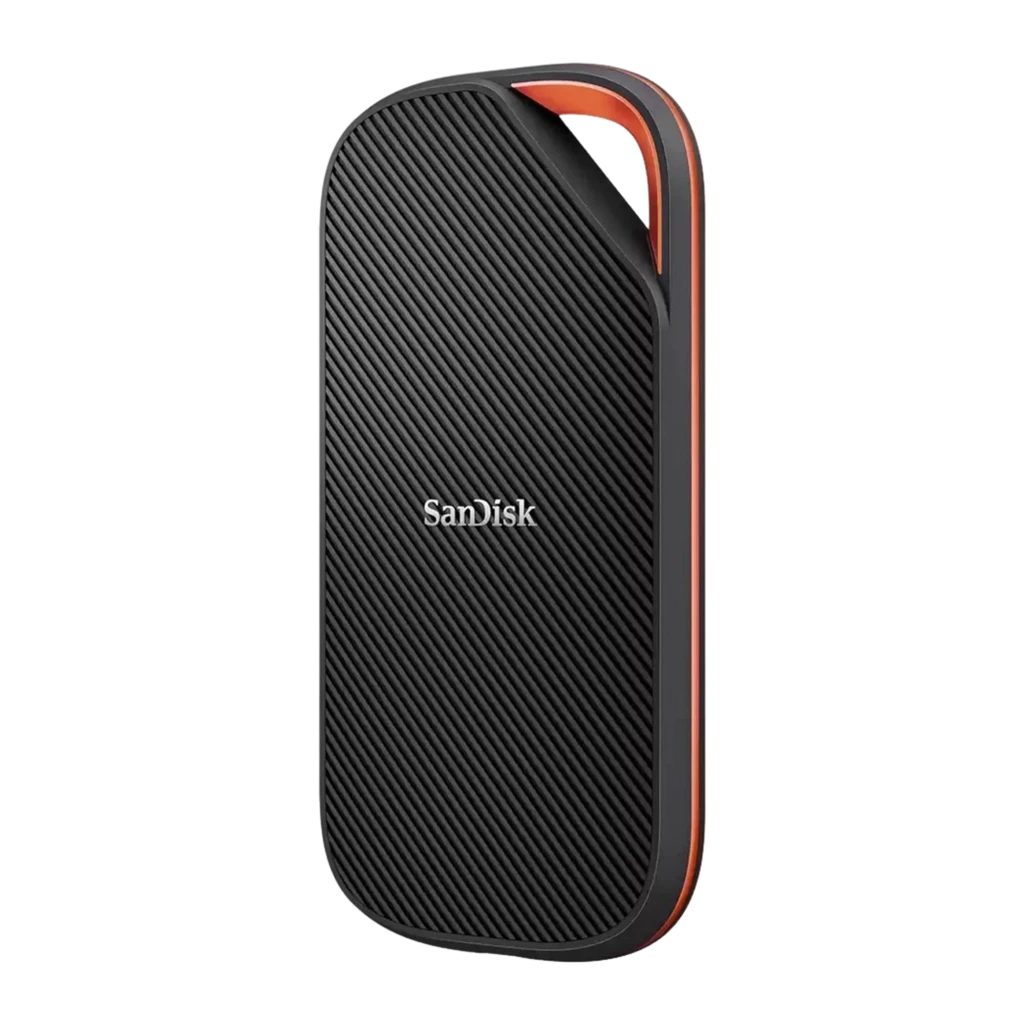 SanDisk SSD Extreme PRO 2TB preto com laranja, vista frontal: textura diagonal canelada e logótipo centrado - Item1