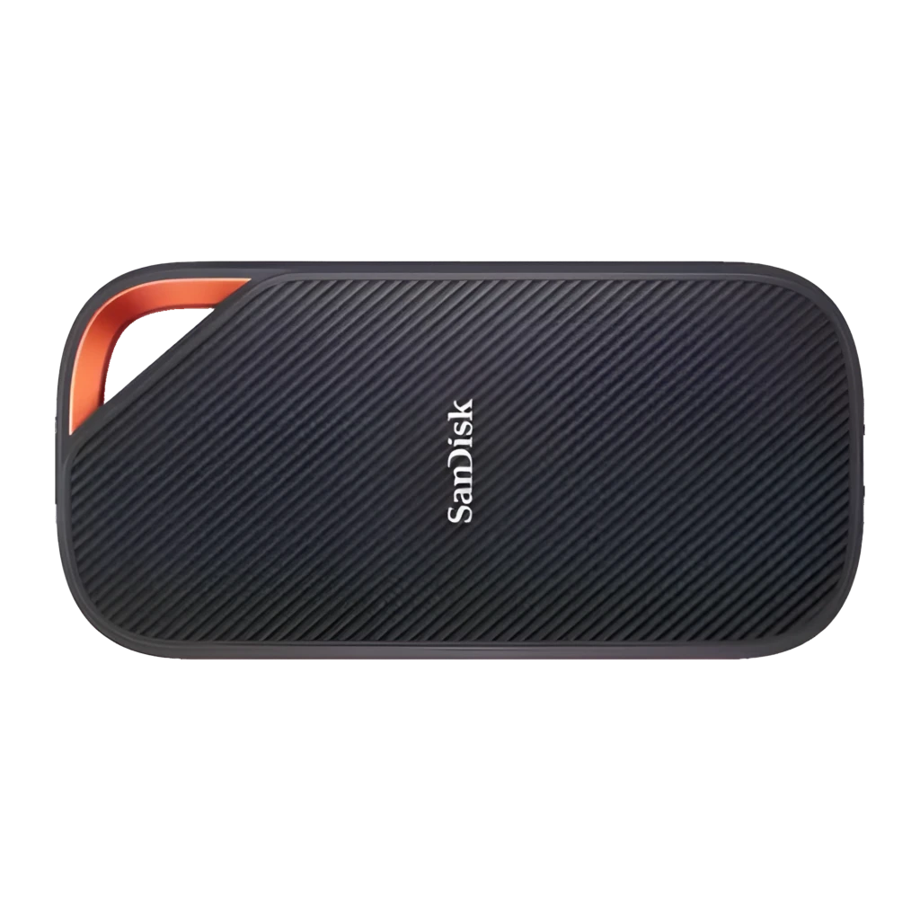 SanDisk SSD Extreme PRO 2TB preto com laranja, vista frontal: textura diagonal canelada e logótipo centrado - Item3