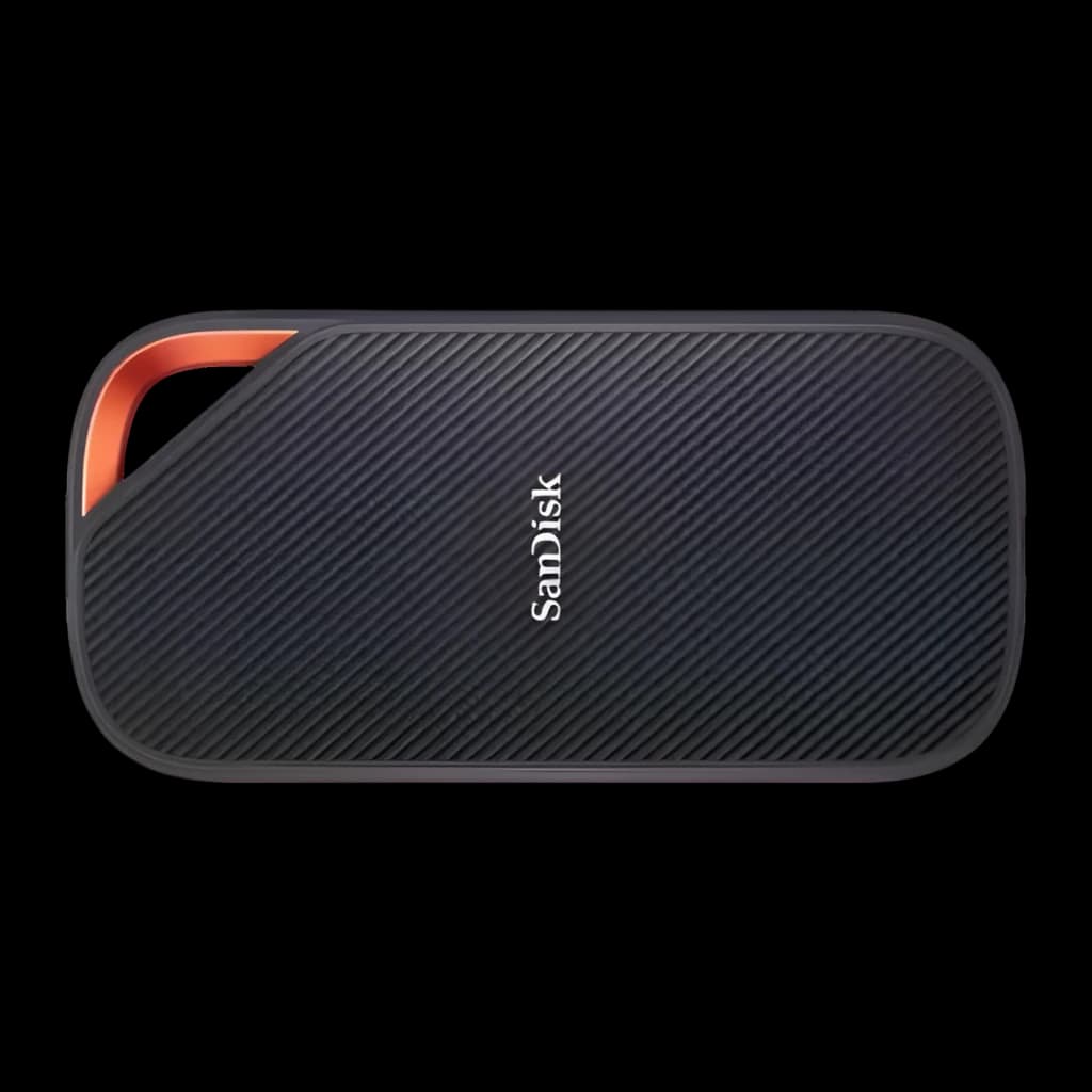 SanDisk Extreme PRO SSD Portátil 2TB preto, vista superior: textura estriada e detalhe laranja no canto