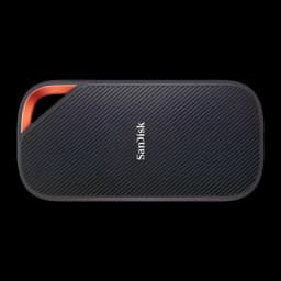 SanDisk Extreme PRO SSD Portátil 2TB preto, vista superior: textura estriada e detalhe laranja no canto