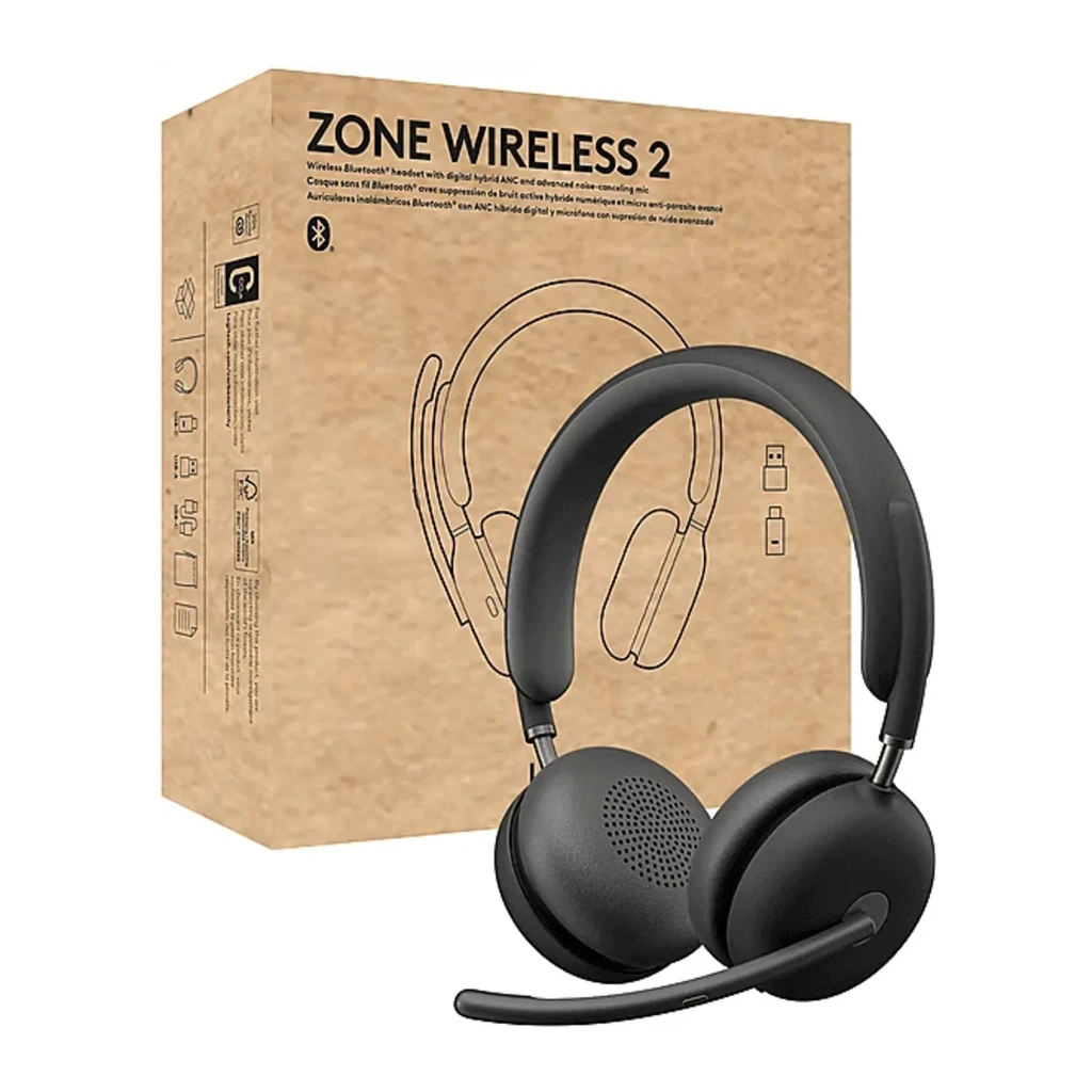 Logitech Zone Wireless 2 UC Graphite gris, vista frontal en ángulo: auriculares con micrófono boom, almohadillas y diadema - Ítem4