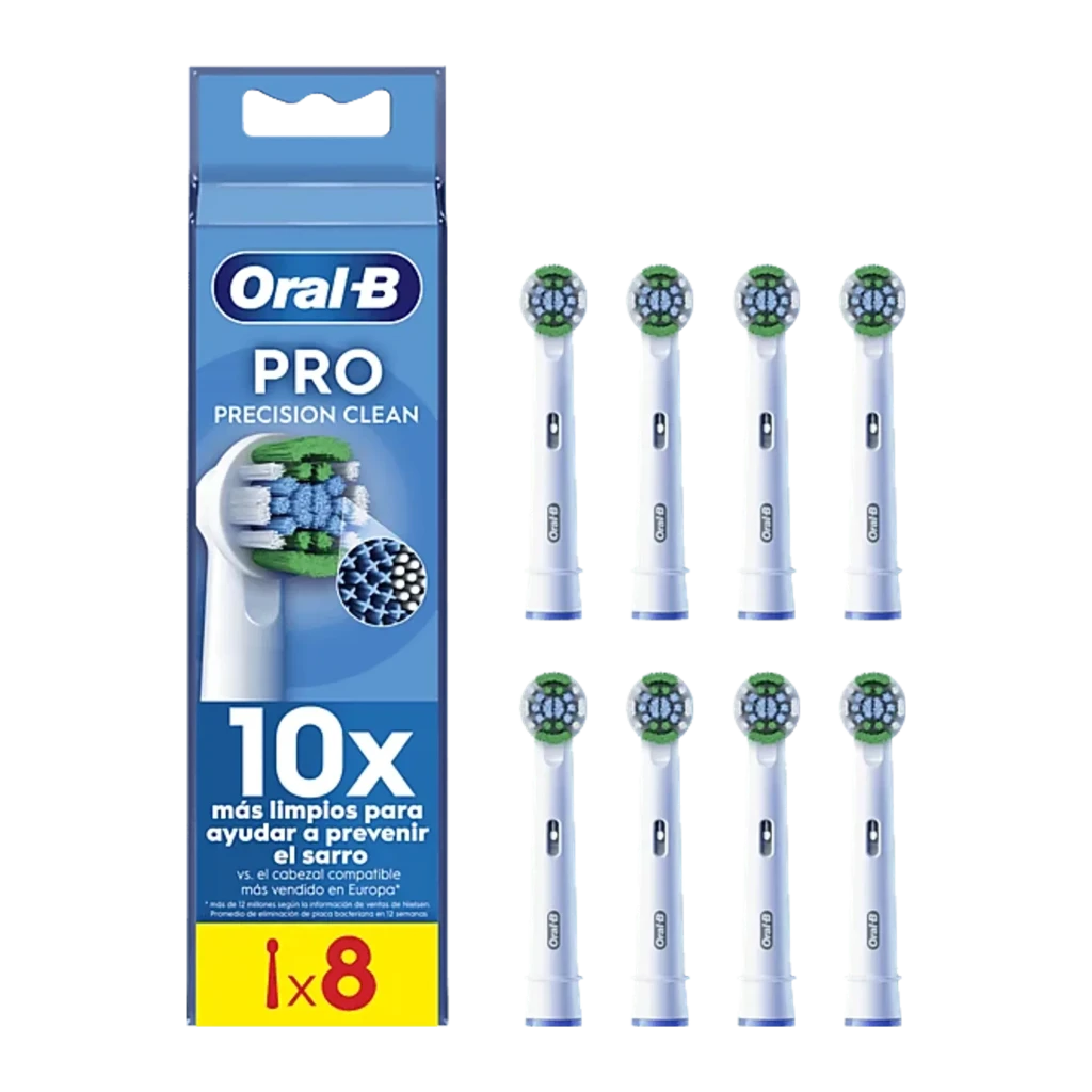 Oral-B Cabezales Precision Clean Blanco, vista frontal: 10 cabezales blancos con cerdas verdes en dos filas sobre fondo negro - Ítem1