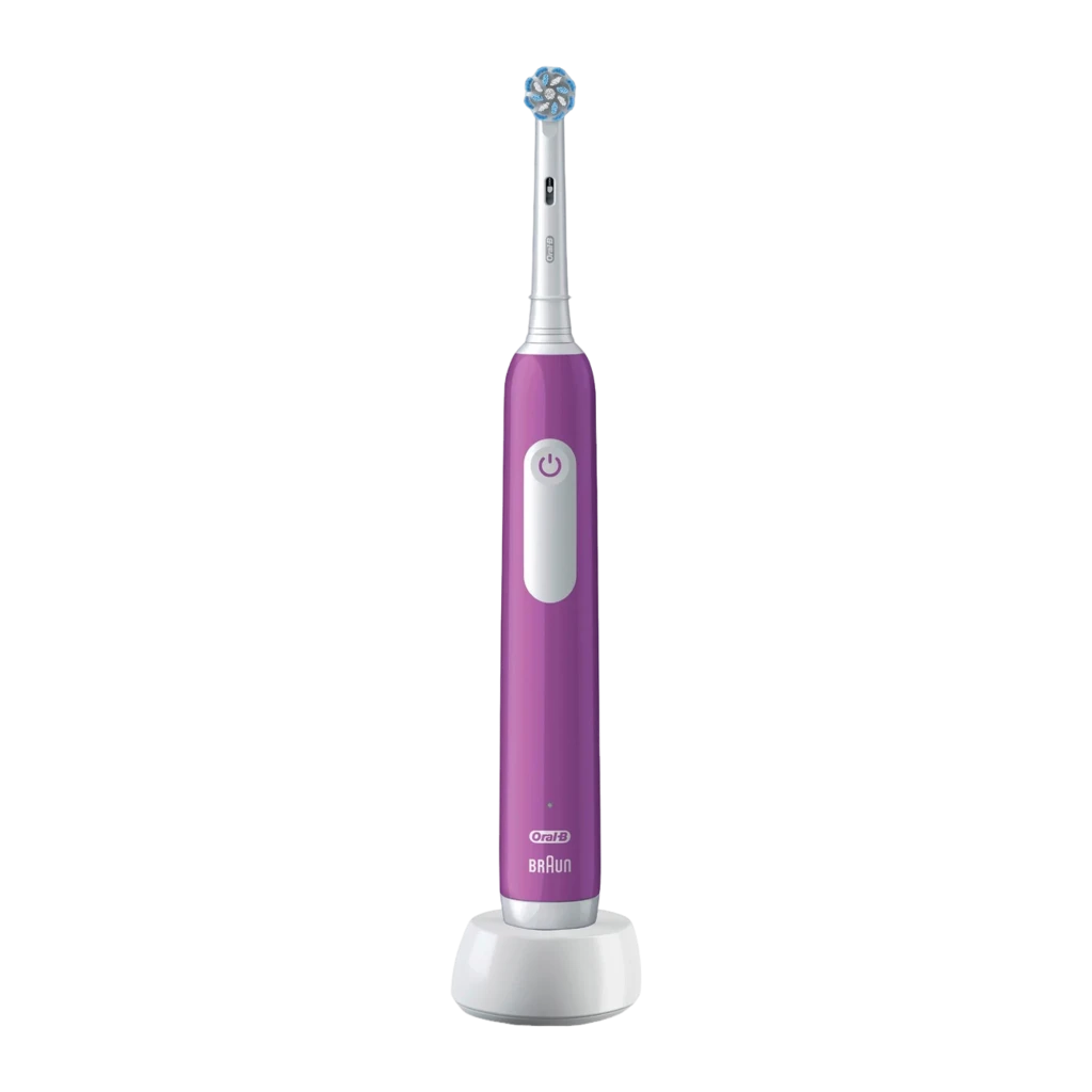 Oral-B Junior Roxo, vista frontal: cabo roxo com botão de energia branco, cabeça redonda e base carregadora