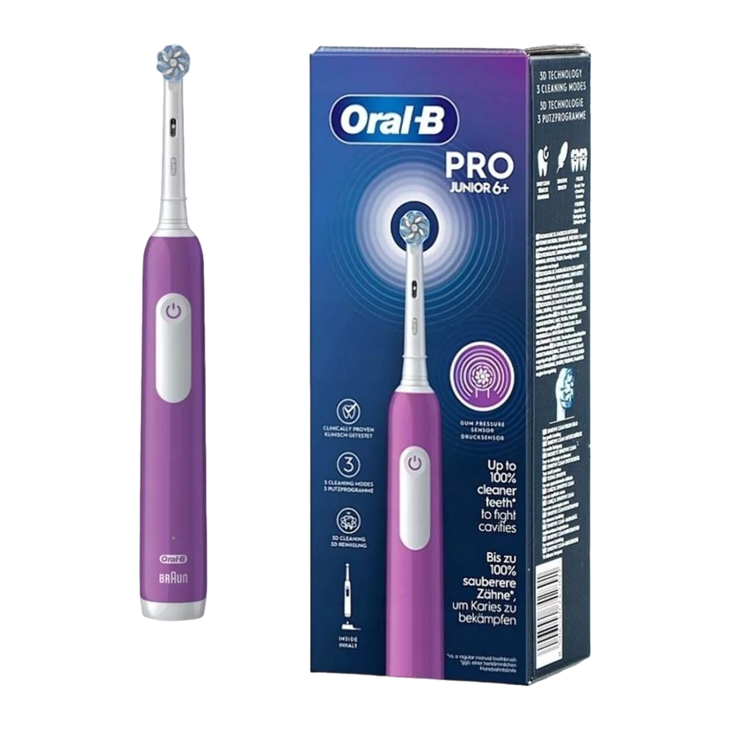 Oral-B Junior Roxo, vista frontal: cabo roxo com botão de energia branco, cabeça redonda e base carregadora - Item1