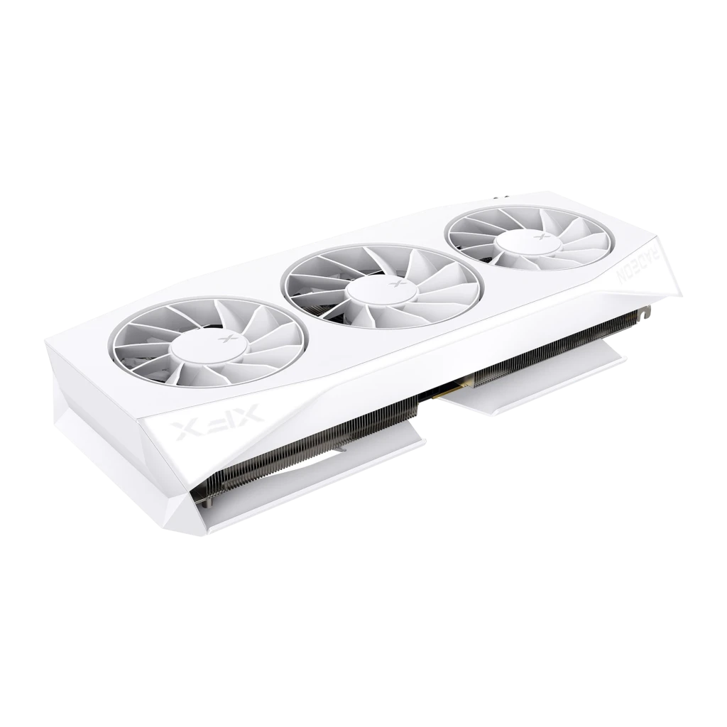 XFX Radeon RX 9060 XT Mercury OC Branca, kit com caixa: placa branca de frente ao lado da caixa AMD RX 9060 XT com texto Pro - Item3