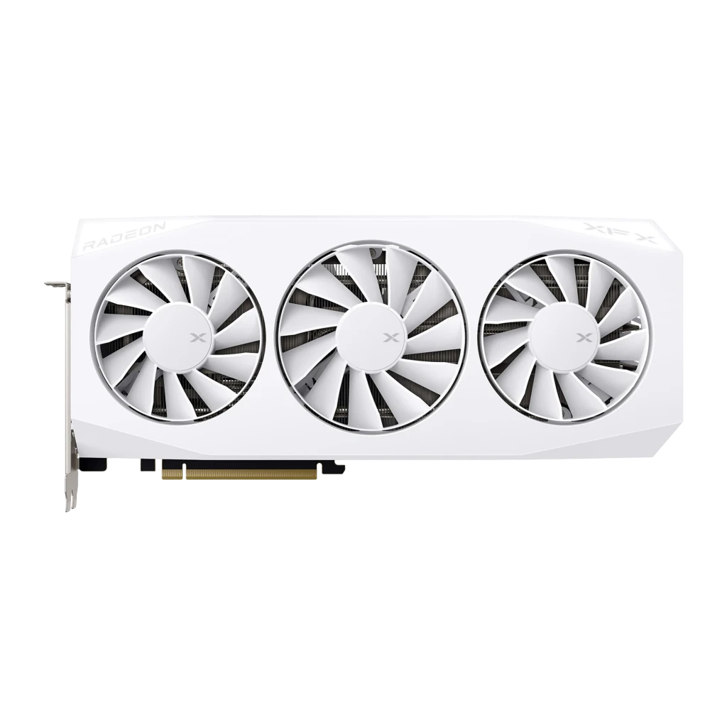 XFX Radeon RX 9060 XT Mercury OC Branca, kit com caixa: placa branca de frente ao lado da caixa AMD RX 9060 XT com texto Pro - Item1