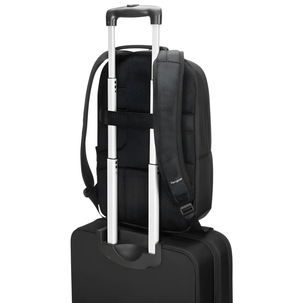Targus Mochila TSB911GL 16 polegadas preto, vista frontal: compartimentos, fechos prateados e logo Targus - Item8