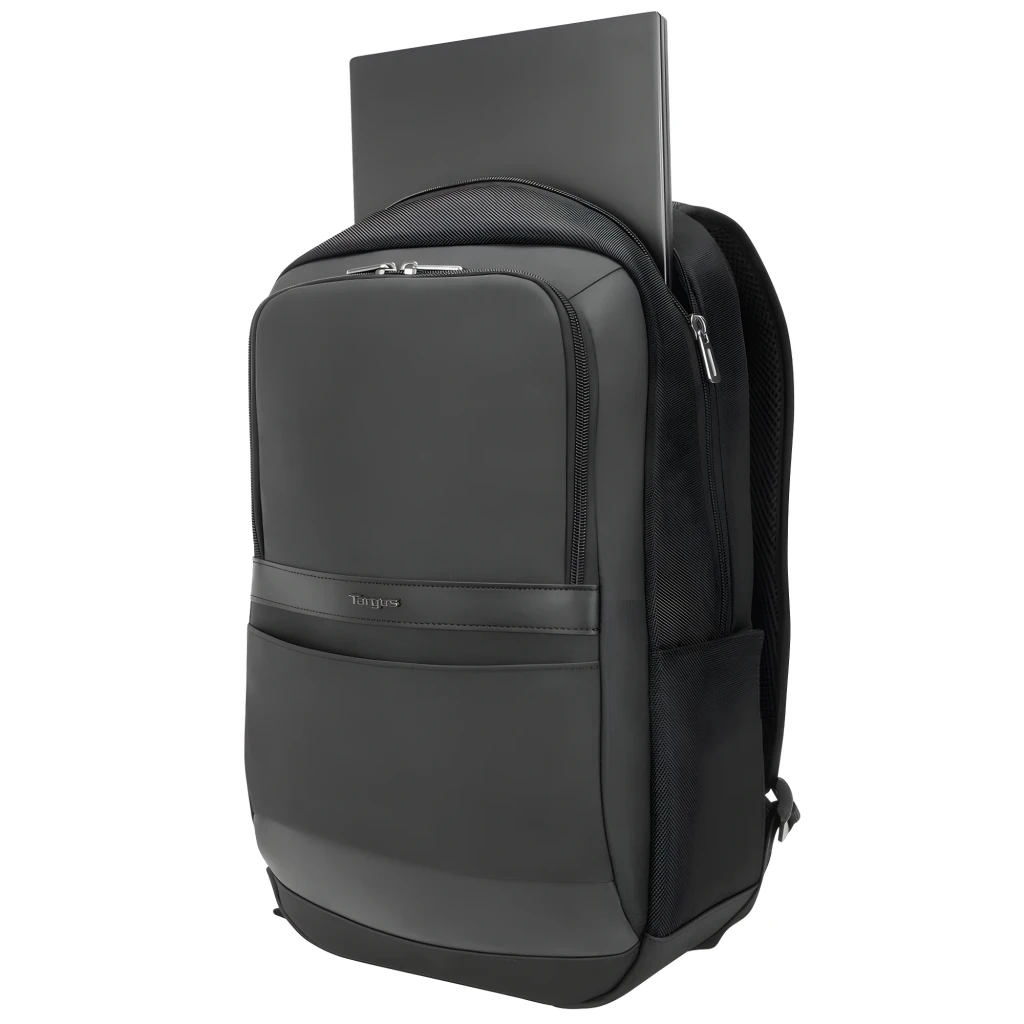 Targus Mochila TSB911GL 16 polegadas preto, vista frontal: compartimentos, fechos prateados e logo Targus - Item9