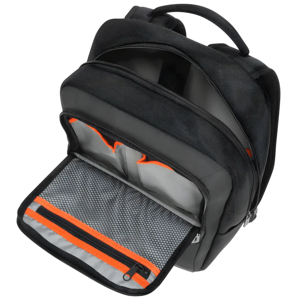 Targus Mochila TSB911GL 16 polegadas preto, vista frontal: compartimentos, fechos prateados e logo Targus - Item10