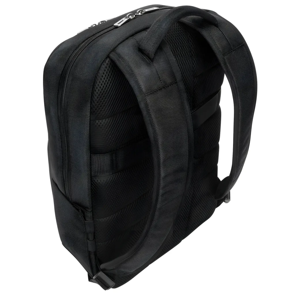 Targus Mochila TSB911GL 16 polegadas preto, vista frontal: compartimentos, fechos prateados e logo Targus - Item6