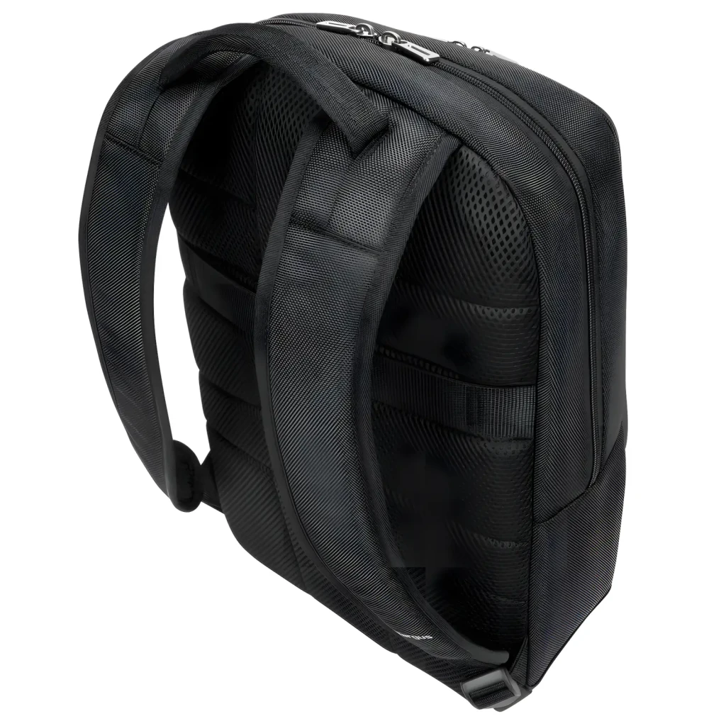 Targus Mochila TSB911GL 16 polegadas preto, vista frontal: compartimentos, fechos prateados e logo Targus - Item7