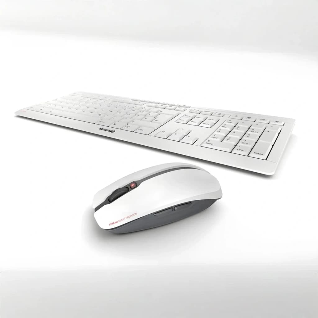 Cherry Stream Desktop Pale Gray gris, vue en perspective: clavier fin et souris sans fil bicolore gris clair et gris foncé