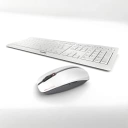 Cherry Stream Desktop Pale Gray gris, vue en perspective: clavier fin et souris sans fil bicolore gris clair et gris foncé
